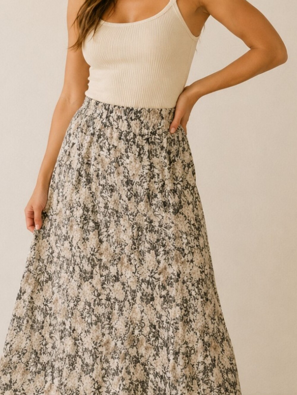 Vintage Floral Green Maxi Skirt Cottagecore Cream Medium